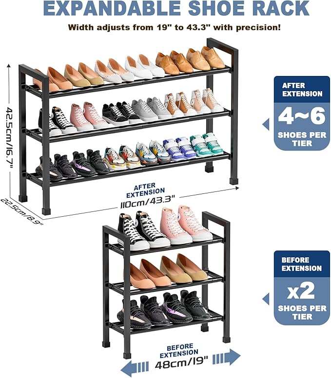 Mavivegue 3 Tier Expandable Shoe Rack for Closet, 19“- 43” Adjustable Shoe Rack for Entryway, Shoe Shelf, Black