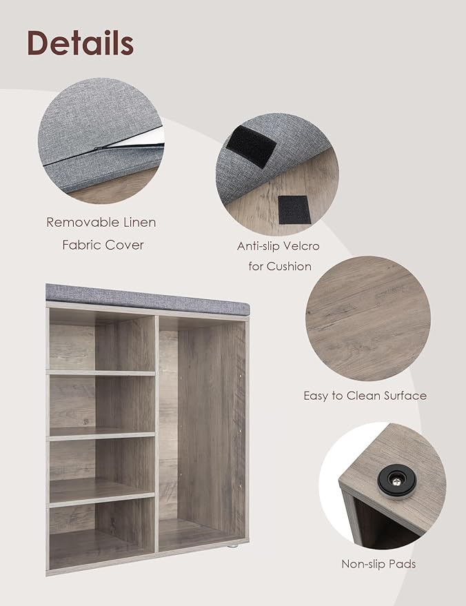 DINZI LVJ Shoe Storage Bench with Cushion, 16-Cubby Shoe Rack, Adjustable Shelves, Multifunctional Shoe Organizer Bench for Entryway, Mudroom, Hallway, Living Room, Bedroom and Garage, Greige