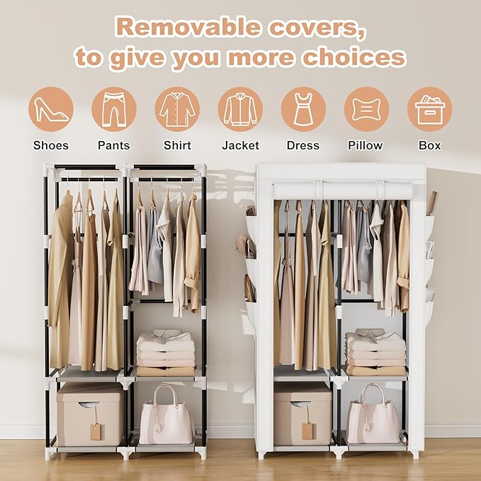 VTRIN Portable Closet Wardrobe Closet for Hanging Clothes with 4 Storage Shelves, 2 Hanging Rods and 6 Pockets, Stable and Easy Assembly Clothes Rack with Cover Free Standing Closet White
