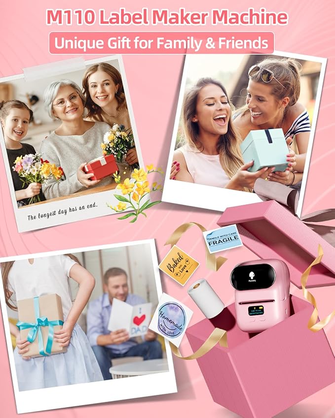 Phomemo Label Printer - M110 Thermal Label Printer Barcode Label Maker Mini Bluetooth Sticker Printer for Small Business, Home, Office, Logo, Address, Name Tag, Clothing, Organizing, Pink