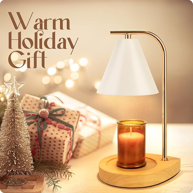 Candle Warmer Lamp with Retro Wooden Base - Home Decor Wax Melt for Small and Large Jar Candles, Candle Heater Lamp with 2 Bulbs, Dimmer and Timer Function-White