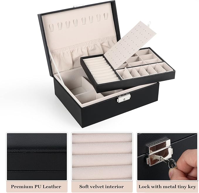 Jewelry Box for Women Girls, 2 Layers Jewelry Organizer Container with Lock, PU Leather Storage Case with Removable Tray, Jewelry Display Box for Necklaces Earrings Bracelets Rings Watches - Black