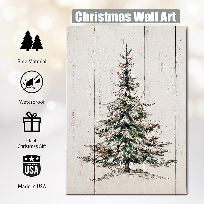 Retro Christmas Tree Canvas Wall Art - Vintage Pine Forest Framed Canvas Prints for Farmhouse Living Room, Rustic Christmas Wall Decor, Cozy Winter Decor & Ideal Christmas Gifts