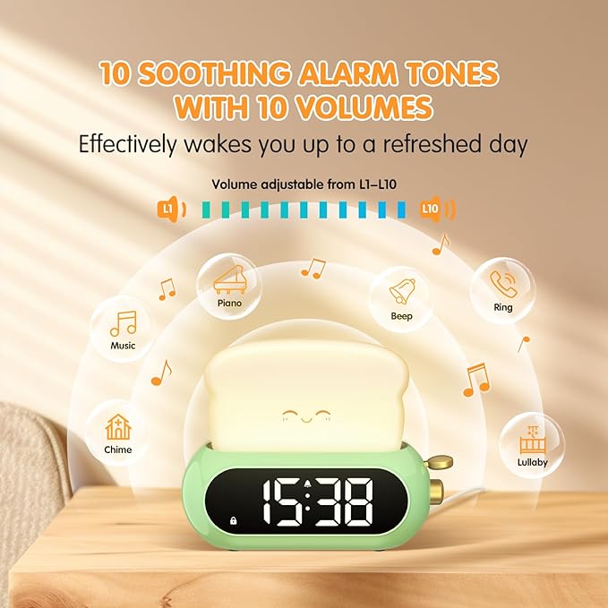 Kids Alarm Clocks for Bedroom, Cute Digital Clock with Night Light, 10 Ringtones, 10 Volumes, Nap Timer, Brightness Dimmer, Snooze, Bedside Alarm Clocks for Boys Girls Teens Birthday Gift, Plug-in Use