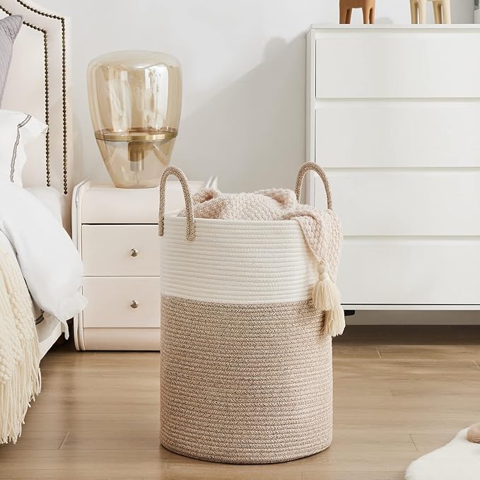 Woven Rope Laundry Hamper Basket, 72L Tall Luandry Basket, Baby Nursery Hamper for Blanket Storage in Bedroom-Large-Brown