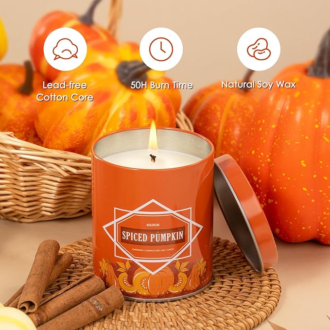 Fall Scented Candle – Pumpkin Spice Soy Candle 9oz, 50 Hour Burn, Non-Toxic Autumn Decor, Holiday Gift for Women & Men