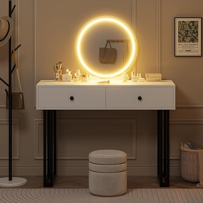 IDEALHOUSE Vanity Desk with Mirror and Lights, 49.2”H Makeup Vanity with 3 Color Lights and Adjustable Brightness, Bedroom Vanity Table with 2 Drawers, White