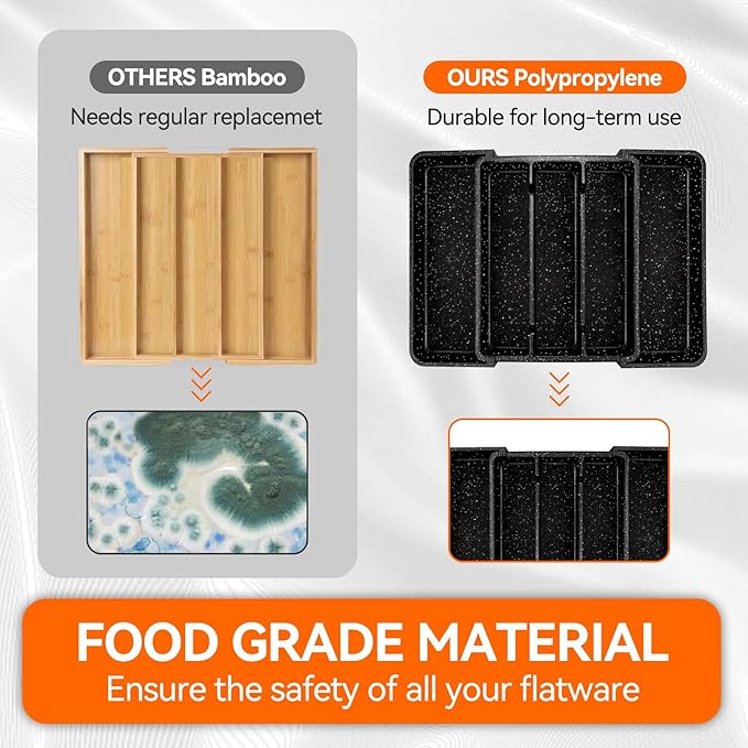 Utensil Drawer Organizer for Kitchen Cutlery, Expandable Large Silverware Organizer, Adjustable Cooking Utensil Tray, Plastic Spatula Tools and Gadgets Storage Divider, Marble Design, Black