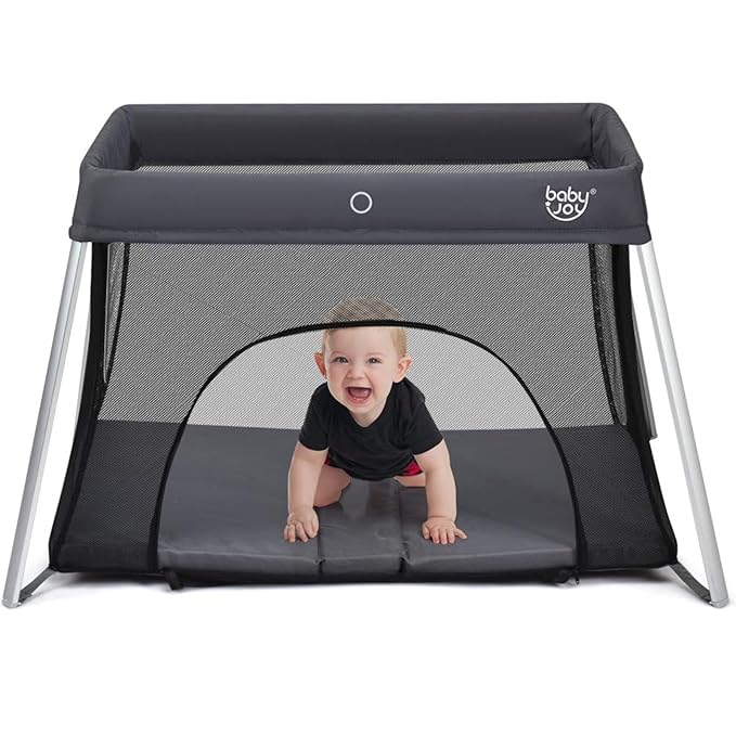 BABY JOY Baby Foldable Travel Crib, 2 in 1 Portable Playpen with Soft Washable Mattress, Side Zipper Design, Lightweight Installation-Free Home Playard with Carry Bag, for Infants & Toddlers (Grey)