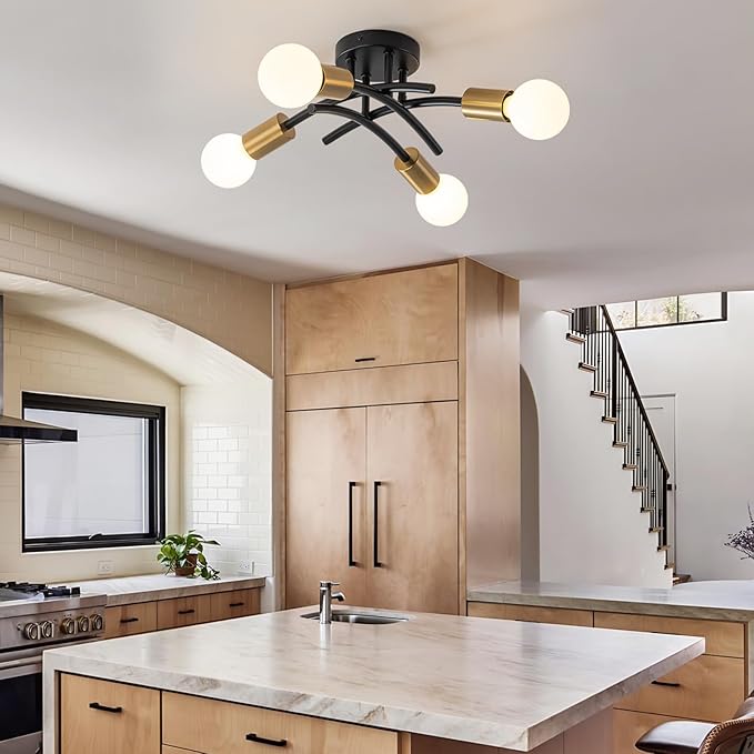 WILON Semi Flush Mount Ceiling Light Fixture, Modern Flush Mount Ceiling Lights, Black Gold 4-Light Sputnik Ceiling Light Fixture with E26 Bulb Base for Hallway Farmhouse Kitchen Bedroom