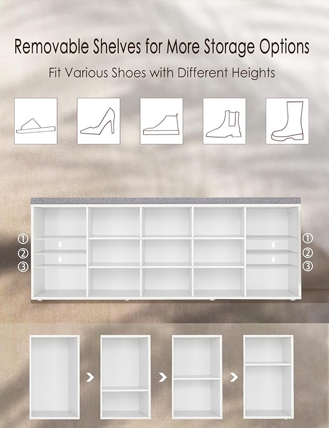 DINZI LVJ Shoe Storage Bench with Cushion, 13-Cubby Shoe Rack, Adjustable Shelves, Multifunctional Shoe Organizer Bench for Entryway, Mudroom, Hallway, Living Room, Bedroom and Garage, White