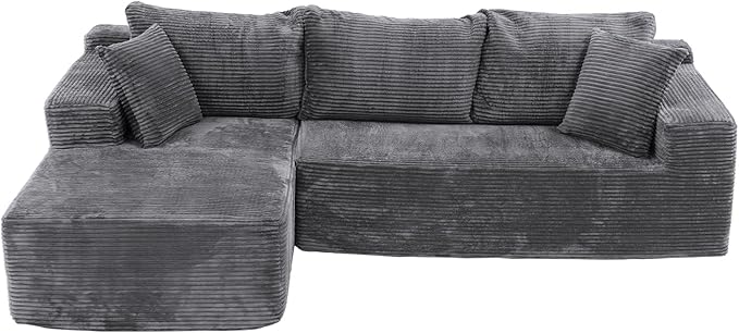 OC Orange-Casual 106.3" Cloud Sectional Couch with L-Shape Chaise,No Assembly Required Modular Sofa,Upholstered Boneless Couches for Living Room, Plush Corduroy Fabric (Grey, Left Facing Chaise)
