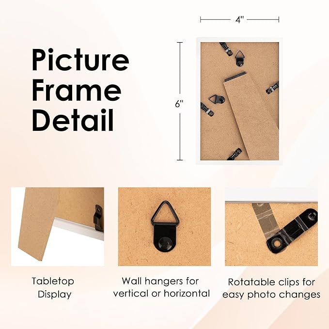 FIXSMITH 4x6 Picture Frame Set of 6, White Photo Frames Bulk with HD Plexiglass for Wall Hanging or Tabletop Display, Multi Picture Frames Collage for Wall Decor