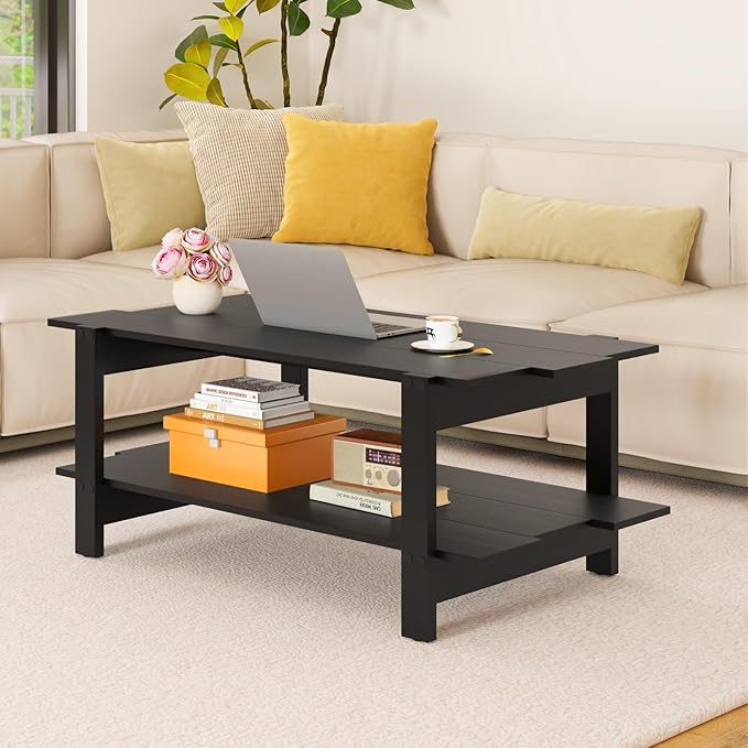 Giantex Coffee Table with Storage, 45 Inch Modern Center Table with Slatted Design & Side Rail Support, Rectangular Living Room Table for Small Spaces, Black
