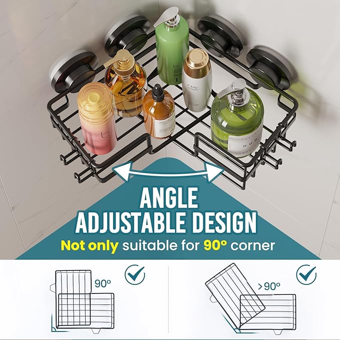 TAILI Corner-adaptive Suction Cup Shower Caddy 2 Pack, Stainless Steel Rustproof Corner Shower Shelves, Drill-Free Wall Mounted Baskets, Large Capacity, Removable Suction Cup Bathroom Organizer, Black