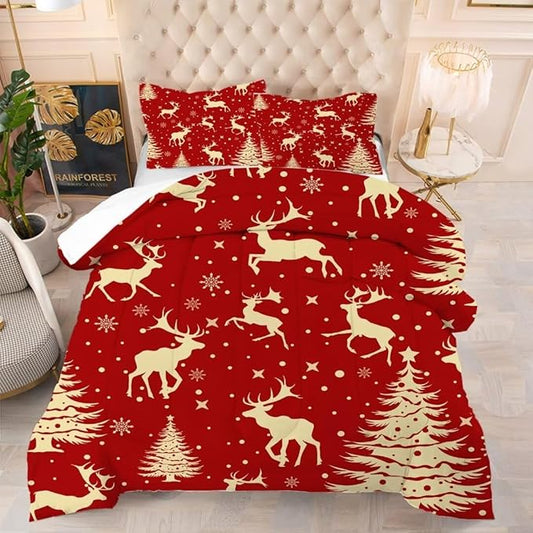 Red Christmas Elk Comforter Set Twin Cute Reindeer Snowflake Quilt 2 Piece Soft Christmas Bedding for All Seasons Kids Bed Set with 1 Comforter + 1 Pillowcase
