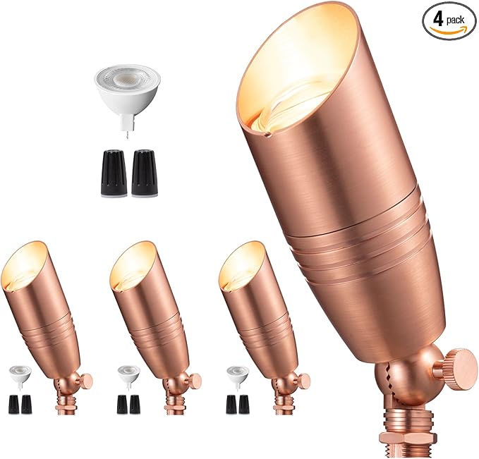 Brass Landscape Lighting - Low Voltage Spotlights Outdoor LED, 12V Wired Uplights, Waterproof Spot Lights, Copper for Outside Trees with 5W 2700K Warm White MR16 Bulb (4 Pack)