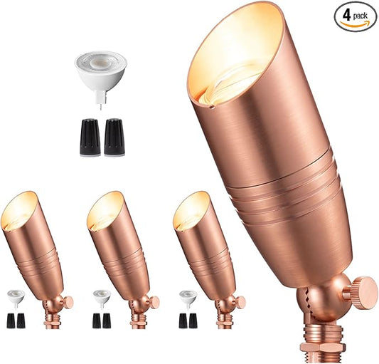 Brass Landscape Lighting - Low Voltage Spotlights Outdoor LED, 12V Wired Uplights, Waterproof Spot Lights, Copper for Outside Trees with 5W 2700K Warm White MR16 Bulb (4 Pack)