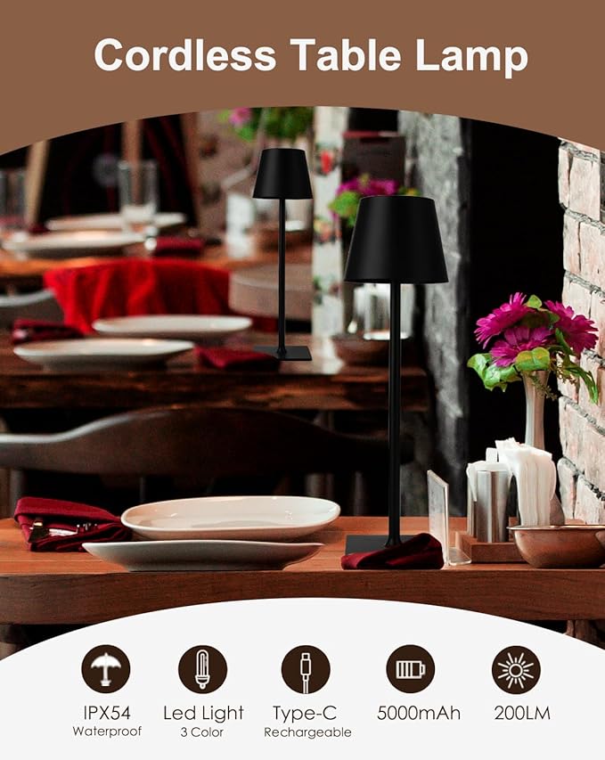 Cordless Table Lamp, Rechargeable Table Lamp with Touch Dimmable Control, Portable LED Desk Lamp for Indoor Patio (Black-Rectangle, 1)