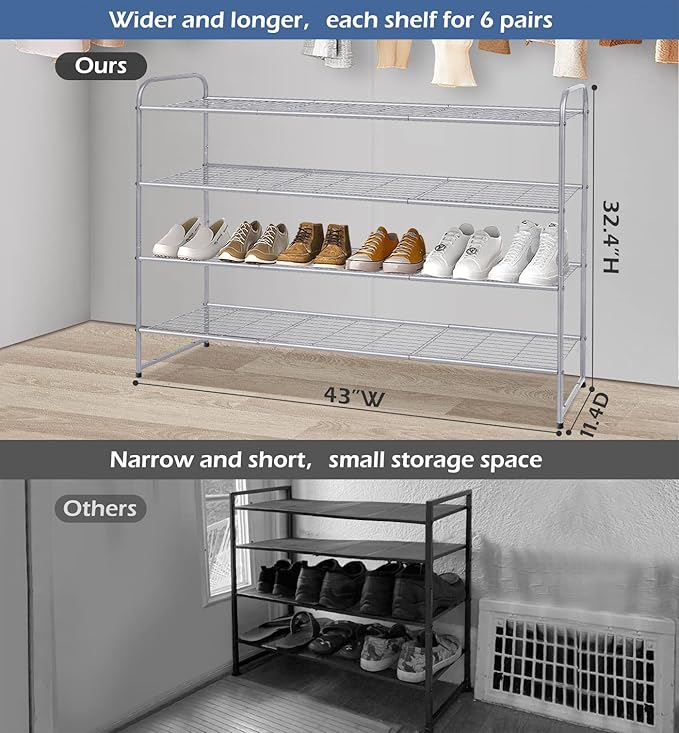 KEETDY 4-Tier Long Shoe Organizer for Closet Floor, Wide Shoe Rack for Closet, Stackable Shoe Rack for Entryway Metal Shoe Shelf for 30 Pairs Men Sneakers with Wire Grid for Bedroom, Grey