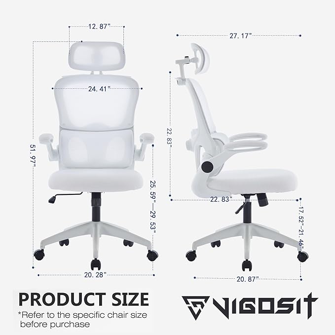 Ergonomic Mesh Office Chair, 400 lbs Capacity, High Back Desk Chair with Adjustable Lumbar Support, 3D Headrest, Flip-Up Armrests, and PU Wheels for Long Workdays and Home Office (White)