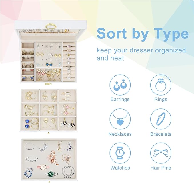 KOOAAICCHI Jewelry Box for Women, 3-Layer Jewelry Organizer, Jewelry Storage Case PU Leather for Earrings, Bracelets, Ring, Necklaces-White