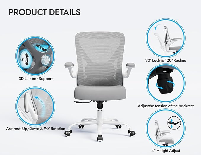 Ergonomic Office Chair - X-Shaped Computer Desk Chair Comfy, Gaming Chair, Office Chair with Lumbar Support, Mesh Office Chairs, Desk Chair for Long Hours(White Ash)