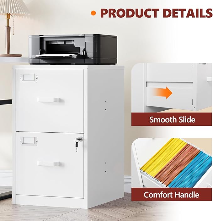 2 Drawer File Cabinet with Lock,Metal File Cabinets for Home Office, Under Desk File Cabinet for A4/Letter/Legal Size (White)
