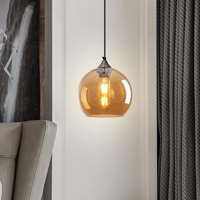 Amber Glass Pendant Lights Kitchen Island Lighting Globe Pendant Light Fixtures Modern Pendant Lighting for Bedroom Living Dining Room Light Fixture (7.87 in, 2 Pack)