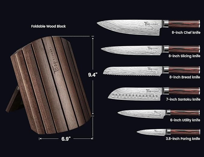 Knife Set 7 Piece Japanese Style Kitchen Knife Set With Foldable Magnetic Acacia Wood Block Sharp High Carbon Stainless Steel Knives Set for Kitchen with Anti-slip Ergonomic Handle