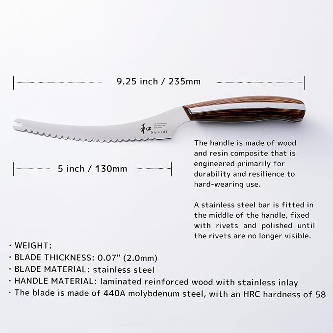 NAGOMI] 5 inch Serrated Cheese Knife - Made in Seki, Japan - Blade in 440A and Comfortable Pakkawood Handle - Japanese Sharp Knife