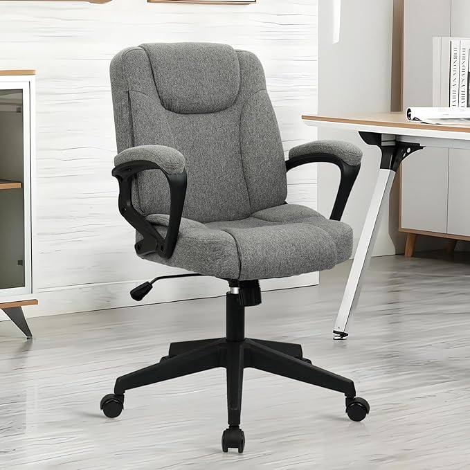 CLATINA Fabric Home Office Chair Linen Cloth Ergonomic Swivel Desk Chair with Padded Armrests, Adjustable Height Swivel Rolling Computer Task Chairs for Work, Conference, Study, Grey
