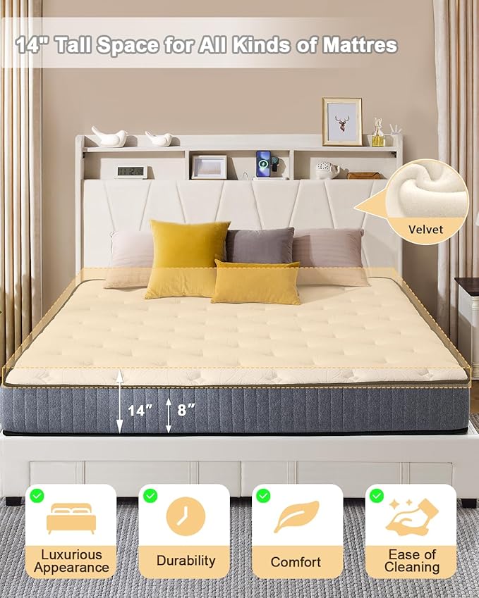 Queen Bed Frame, Velvet Upholstered LED Platform Bed with Headboard Storage, Queen Bed Built-in Charging Station with 2 Drawers, Wood Slat Support, No Box Spring Needed, Beige