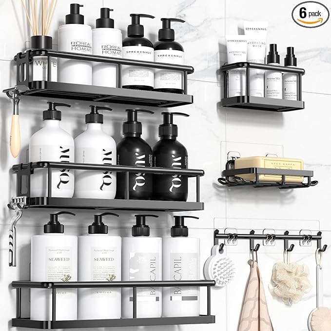 YASONIC Shower Caddy 6 Pack Rustproof shower Organizer, Large Capacity Shower Shelves for inside shower, Bathroom Organizers and Storage with Soap Holder and 12 Hooks, Adhesive Shower storage, Black