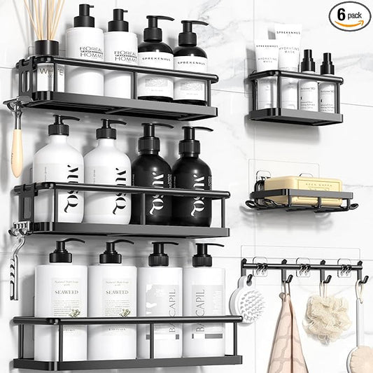 YASONIC Shower Caddy 6 Pack Rustproof shower Organizer, Large Capacity Shower Shelves for inside shower, Bathroom Organizers and Storage with Soap Holder and 12 Hooks, Adhesive Shower storage, Black