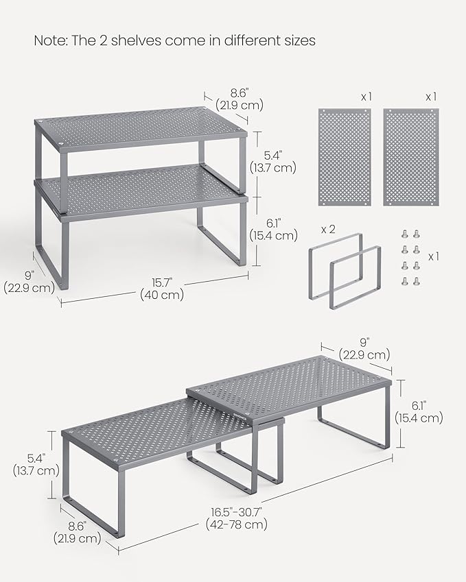 SONGMICS Spice Racks, Set of 2 Metal Cabinet Shelf Organizers, Countertop Organizers, Shelf Risers, Stackable, Expandable, Silver UKCS401G01