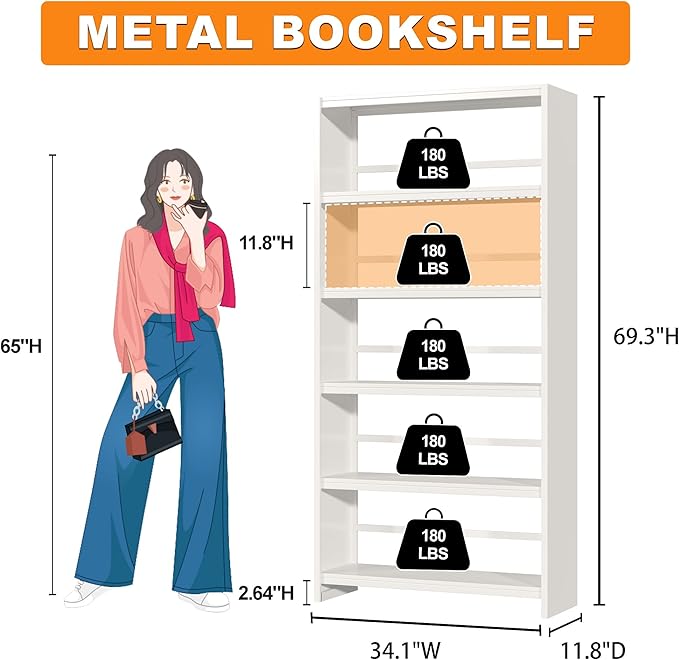 Metal Bookshelf, 5-Tier White Bookcase, 69.3" Tall Book Shelf, Modern Storage Display Shelves for Bedroom, Living Room, Office, School & Kitchen