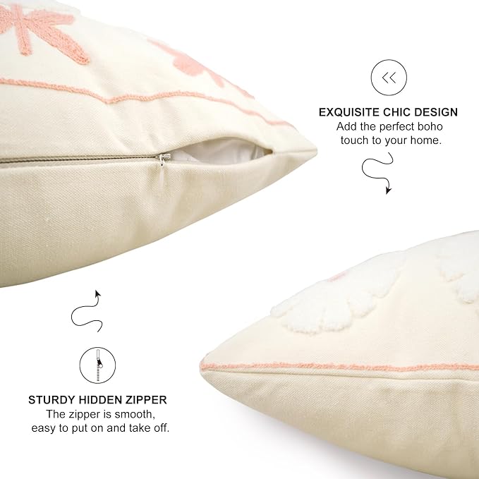 Merrycolor Boho Embroidered Throw Pillow Covers 18x18 Pink Flower Pillow Covers Textured Square Cushion Case Farmhouse Decorative Pillow Covers for Couch Bed,1PC, Beige and Pink Floral