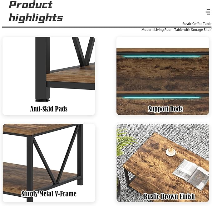 EXCEFUR Modern Coffee Table, Rustic Wood and Metal Living Room Table with Storage Shelf, Industrial Rectangle Center Table, 47 Inch Brown