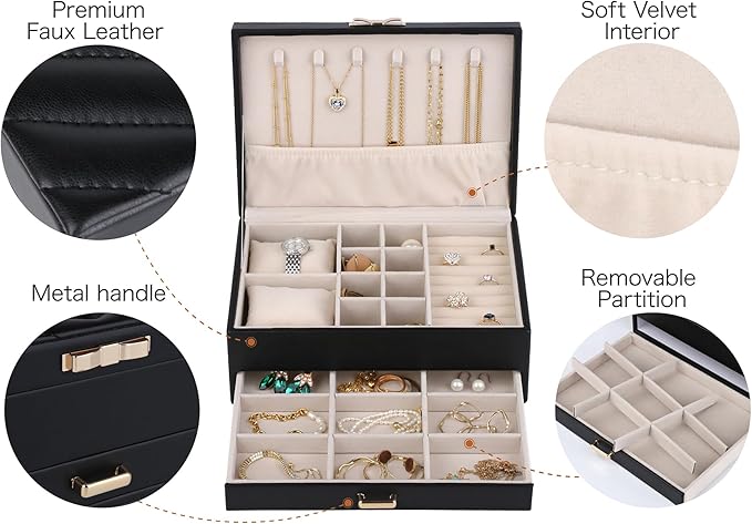 HofferRuffer Jewelry Box with Drawer for Women‌ Girls, Faux Leather Storage Jewelry Organizer Jewelry Case with Two Layers Display for Earrings Rings Necklaces (Black)
