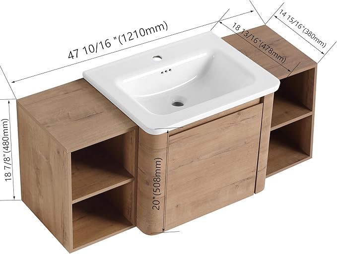 Goujxcy 48 Inch Bathroom Vanity with Sink Combo Modern Floating Vanity Cabinet with Ceramic Vessel Sink and Side Storage Shelves, Soft Closing Door Design (Imitative Oak)