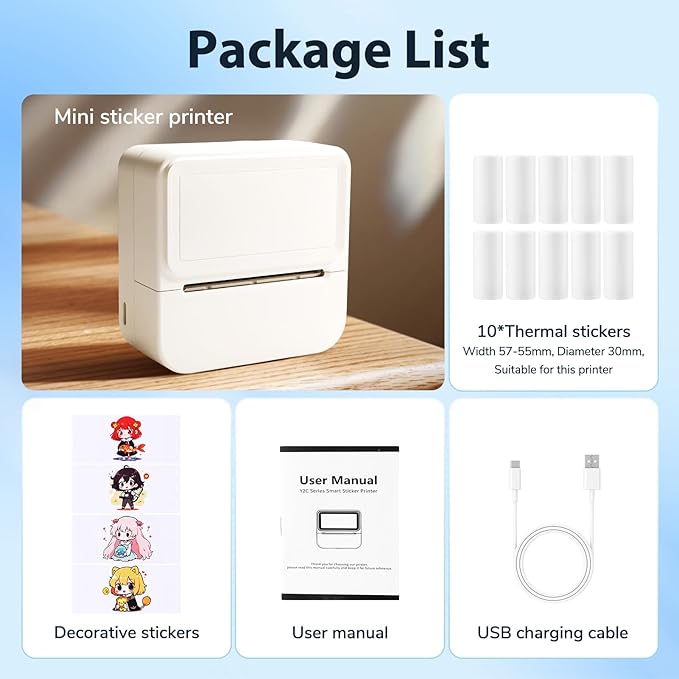 Aixiqee Mini Sticker Printer with 10 Rolls Sticker, Small Thermal Sticker Printer, No Ink Needed, Bluetooth Label Sticker Maker for iPhone, DIY, Photos, Study Notes, Journal, Gift (White)