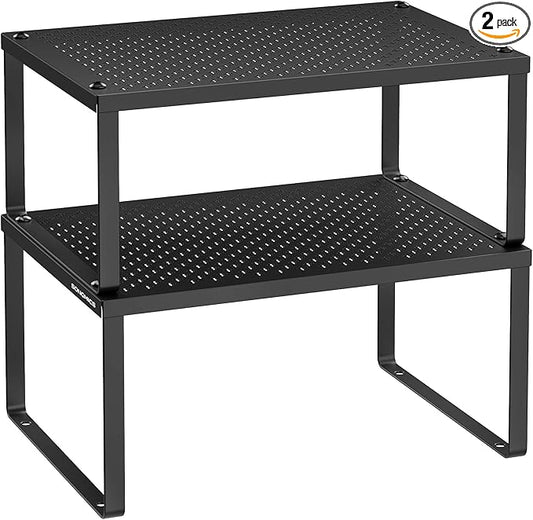 SONGMICS Spice Racks, Set of 2 Metal Cabinet Shelf Organizers, Countertop Organizers, Shelf Risers, Stackable, Expandable, Ink Black UKCS001B01
