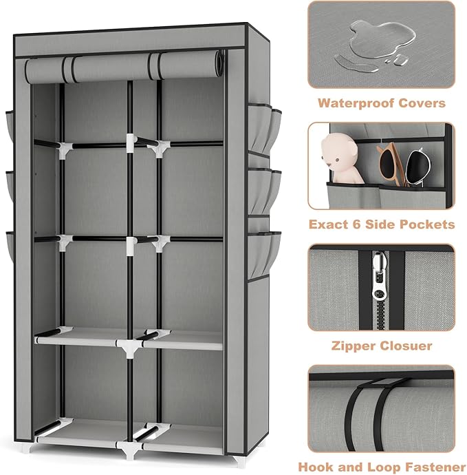 VTRIN Portable Closet Wardrobe for Hanging Clothes with 4 Storage Shelves, 2 Hanging Rods and 6 Pockets, Stable and Easy Assembly Clothes Rack with Cover Free Standing Closet for Bedroom, Grey