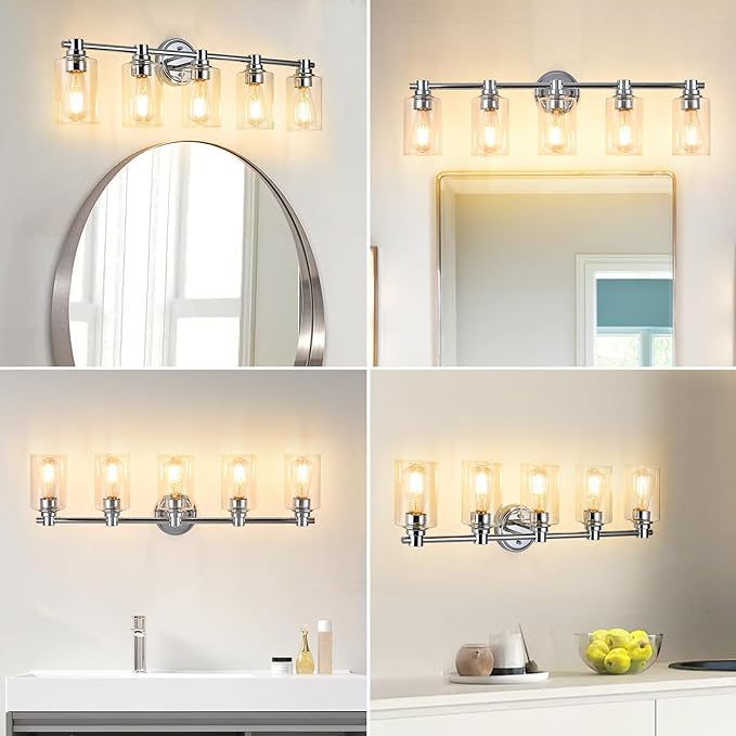 Bathroom Light Fixtures Wall Sconce Light with Clear Glass Chrome 5 Lights Bathroom Lighting Over Mirror Vanity Lights for Living Room,Bedroom,Restroom,Hallway E26 Base