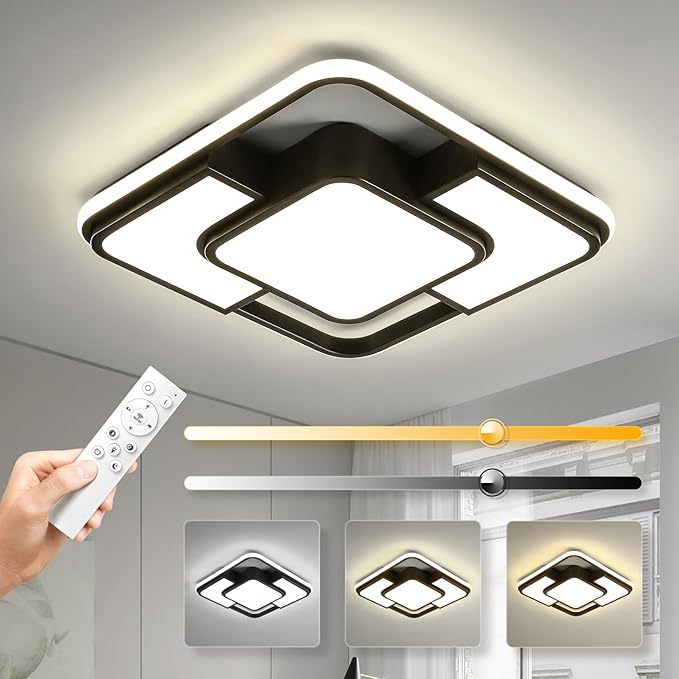 62W Dimmable LED Flush Mount Ceiling Light Fixture with Remote Control, 3000K-6500K 3-Color Chandelier Modern Lamp Black, 15.74inch Close to Ceiling Dining Room Bedroom Square Kitchen Lights