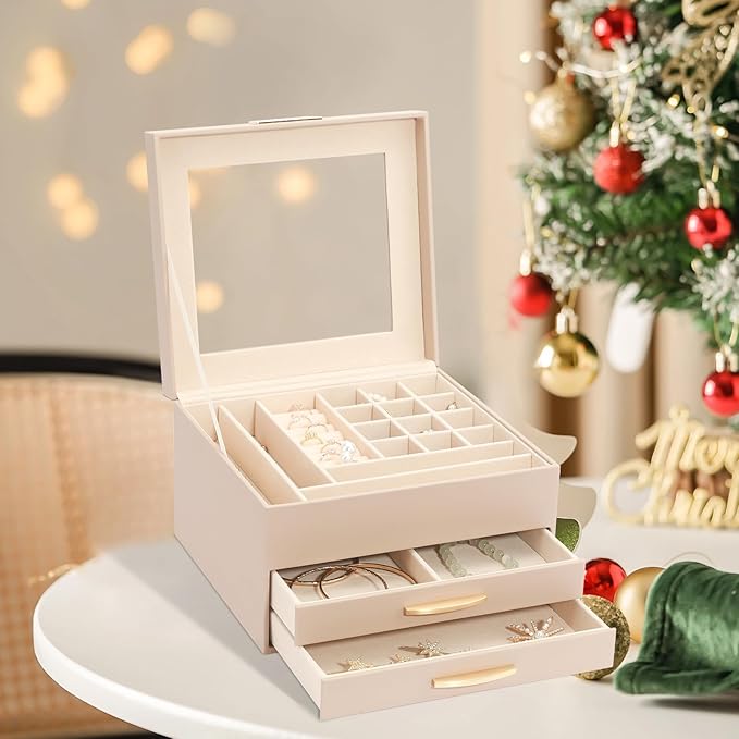 Jewelry Storage Box with Glasses Lid, 3-Tiers Jewelry Organizer Box for Women Girls, Jewelry Case for Rings, Bracelets Earrings, Necklaces (Apricot)