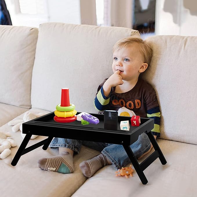 Bed Tray Table with Foldable Legs, Breakfast Food Trays for Eating on Couch with Media Slot for Bed, Eating, TV Tray, Kitchen Serving Tray(Black, Medium)