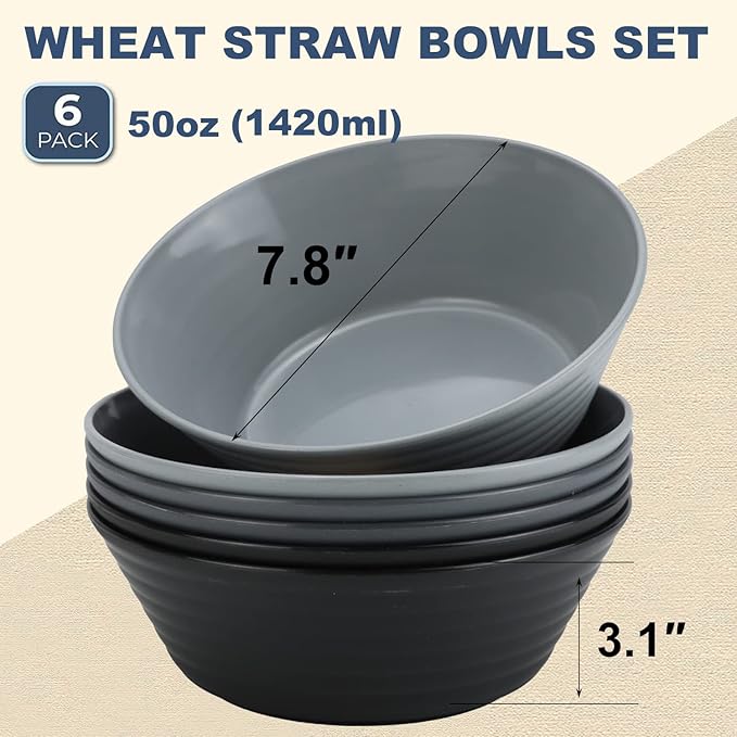 Wheat Straw Bowl Sets,6 PCS Unbreakable Big Cereal Bowl 50 OZ,Microwave and Dishwasher Safe Bowls,Large Salad Bowls for Camping,Picnic,Apartment,Dorm,RV (Classic Series)