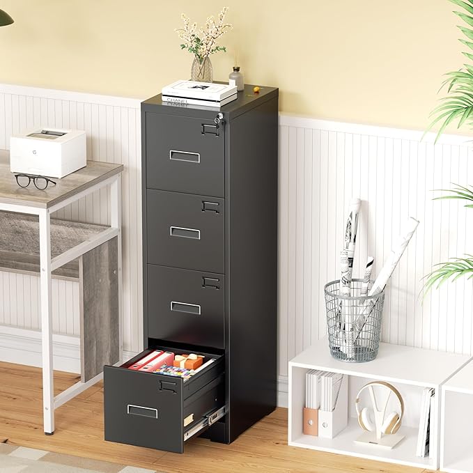 Greenvelly 4 Drawer File Cabinet,Locking Metal Vertical File Cabinet,Office Steel Filing Cabinet for Hanging Letter/Legal Folders,Assembly Required,Black,18" D x 15" W x 52" H